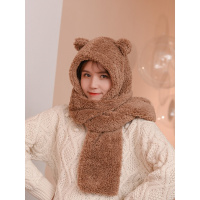 热卖秋冬小熊耳朵围巾帽子一体帽日系可爱甜美羊羔绒保暖围脖女学生冬