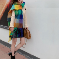 热卖AC网红同款围巾女仿羊绒彩虹格子围巾双面加厚大披肩百搭围脖学生