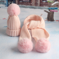 热卖秋冬可爱宝宝球球围巾帽子套装儿童毛球帽加绒男童女童小孩围脖帽