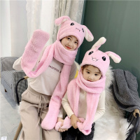 热卖抖音同款网红兔子耳朵会动的帽子围巾手套三件一体毛绒保暖儿童女