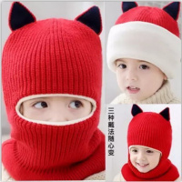 热卖围巾带帽子一体毛线帽女宝宝围脖2-5岁儿童男童加绒骑车护耳脸
