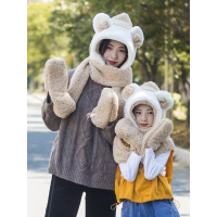 热卖2019新款冬季帽子围巾手套三件套一体女加厚保暖毛绒亲子可爱儿童
