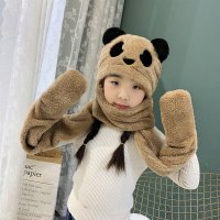热卖秋冬儿童围巾帽子手套三件套装一体卡通熊猫男女童护耳帽围脖围巾