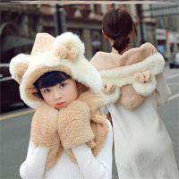 热卖儿童帽子围巾手套三件套一体母子帽子加绒加厚亲子款秋冬季保暖女