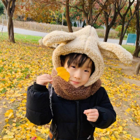热卖儿童帽子围巾一体防风护耳冬保暖男女孩可爱大耳朵套装中大童围脖