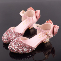 热卖女童高跟公主鞋模特走秀演出皮鞋银色配儿童礼服裙闪亮舞台水晶鞋