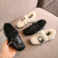 热卖女童鞋秋冬款公主鞋儿童软底洋气皮鞋加绒女大童毛毛鞋方头高跟鞋