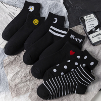 黑色韩国潮ins小雏菊夏季薄款短袜日系纯棉防臭中筒袜全棉