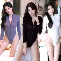 高领性感透视双头拉链高叉连体衣泳衣开档比基尼塑身紧身衣套装女
