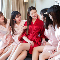 睡袍女薄款夏季冰丝长款浴袍仙鹤睡衣红色结婚伴娘婚礼晨袍女新娘