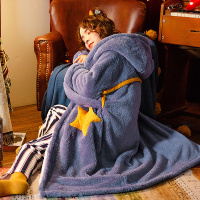 睡袍女星星卡通睡裙珊瑚绒加厚睡衣男秋冬长款宽松外穿法兰绒浴袍