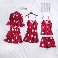 睡衣女夏四件套冰丝绸春秋季蕾丝性感睡裙睡袍吊带胸垫薄款家居服