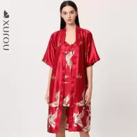 睡袍女冰丝绸夏季中长款春秋浴袍仙鹤伴娘新娘晨袍吊带结婚礼睡衣