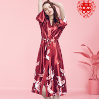 冰丝睡袍女薄款夏季长款春秋浴袍仙鹤伴娘新娘晨袍红色结婚礼睡衣