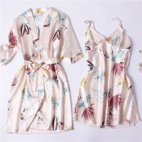 睡衣春秋夏女士冰丝绸两件套薄款宽松睡袍浴袍丝绸性感男女家居服