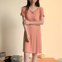 清凉海岛丝睡裙女夏莫代尔免穿文胸薄款短袖宽松带胸垫睡裙家居服