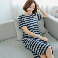夏季全棉条纹长款睡衣裙子女夏天可外穿纯棉短袖连衣裙家居服睡裙