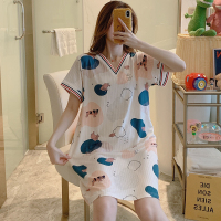 睡衣女夏季甜美可爱冰丝睡裙宽松性感家居服夏天孕妇可穿中裙小猪