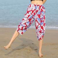 春夏季女士纯棉绸裤七分家居裤男女情侣中裤人造棉睡裤休闲花裤子