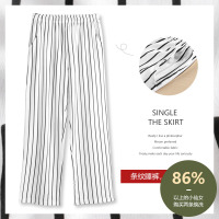 单条空调睡裤女夏长裤纯棉薄款可外穿宽松白色条纹全棉单件家居裤