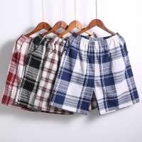 男士睡裤夏季格子短裤亚麻棉家居裤加大码宽松五分沙滩裤中裤薄款