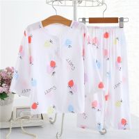 夏季儿童睡衣绵绸七分袖男童女童宝宝小孩棉绸空调家居服薄款套装