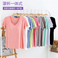 夏季带胸垫免文胸短袖t恤女棉的竹节棉睡衣上衣半袖薄款家居服
