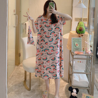 布袋字母西瓜睡裙女夏季短袖宽松薄款韩版学生家居服中长款睡衣女