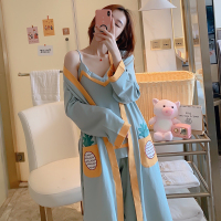 睡衣女春秋冬纯棉三件套睡袍女中长款吊带睡裙韩版浴袍简约家居服