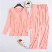 带胸垫莫代尔睡衣女春秋季长袖长裤两件套装薄款宽松免文胸家居服