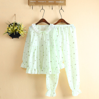 小清新水洗布睡衣女夏薄款长袖人造棉布可爱公主风睡衣家居服套装