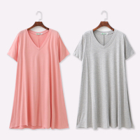 夏季女莫代尔v领短袖睡裙中裙加肥加大码睡裙宽松睡衣家居服