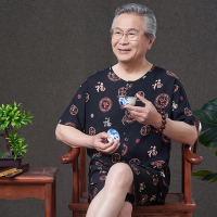 父亲棉绸睡衣男夏季开衫爸爸家居服薄款中老年人造棉绵绸短袖套装