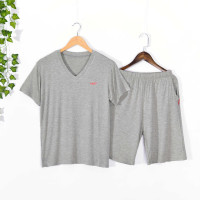 夏季男士睡衣套装薄款莫代尔家居服纯棉加大短袖短裤宽松v领睡衣