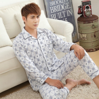 春秋季男士爸爸睡衣夏季棉绸长袖长裤纯棉加大码宽松开衫纽扣套装
