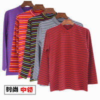 女高领单件内衣莱卡棉条纹老人棉毛衫上衣中老年纯棉秋衣打底