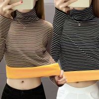【星酷宝】高领黑白条纹打底衫秋冬加绒加厚保暖长袖条纹T恤女