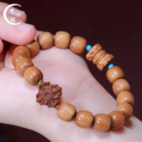[梵心阁]印度老山檀木手串红肉玉兔本命年款四方来财高油密桶珠檀香单圈佛珠男女文玩水晶念珠