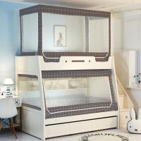 子母床蚊帐1.2m上下床铺1.5梯形家用高低床|城市灰格[含支架] 单下铺-[适合1.5米宽的下铺]前后开门带书架适用