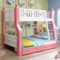 实木床上下床儿童床多功能双人床子母床高低床上下铺|直梯粉白色+抽屉+书架+床垫+送入户 上铺宽115cm下铺宽135cm