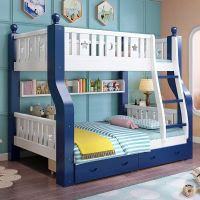 实木床上下床儿童床多功能双人床子母床高低床上下铺|直梯蓝白色+抽屉+书架+床垫+ 上铺宽60cm下铺宽80m
