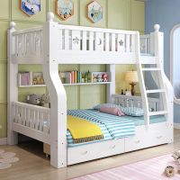 实木床上下床儿童床多功能双人床子母床高低床上下铺|直梯纯白色+抽屉+书架+床垫+ 上铺宽130cm下铺宽150cm