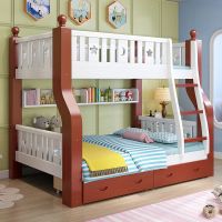 实木床上下床儿童床多功能双人床子母床高低床上下铺|直梯棕白色+抽屉+书架+床垫+ 上铺宽130cm下铺宽150cm