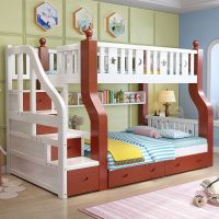 实木床上下床儿童床多功能双人床子母床高低床上下铺|梯柜棕白色+抽屉+书架+床垫+送入户 上铺宽140cm下铺宽160cm