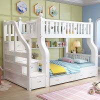 实木床上下床儿童床多功能双人床子母床高低床上下铺|梯柜纯白色+抽屉+书架+床垫+ 上铺宽160cm下铺宽180cm