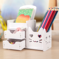 儿童学生笔筒创意时尚简约可爱桌面收纳盒北欧个性简约ins办公室笔架摆件|白色开心猫双抽笔筒