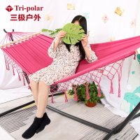 tripolar吊床户外室营儿童成人加宽帆布棉双人秋千大吊床|玫红色木棍流苏吊床200*80CM送2根3米绑绳