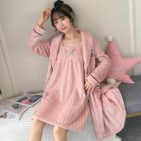 睡袍女秋冬季睡衣珊瑚绒可爱豆沙浴袍加厚春天法兰绒吊带睡裙套装