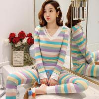 黑科技保暖内衣套装秋衣秋裤女士纯棉加绒款条纹莫代尔自发热美体