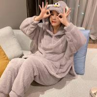 珊瑚绒睡衣女秋冬季法兰绒套装网红款可爱眼睛加厚春天大码家居服